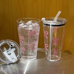 cute bow tumbler cup with straw lid clear iced coffee water bottle