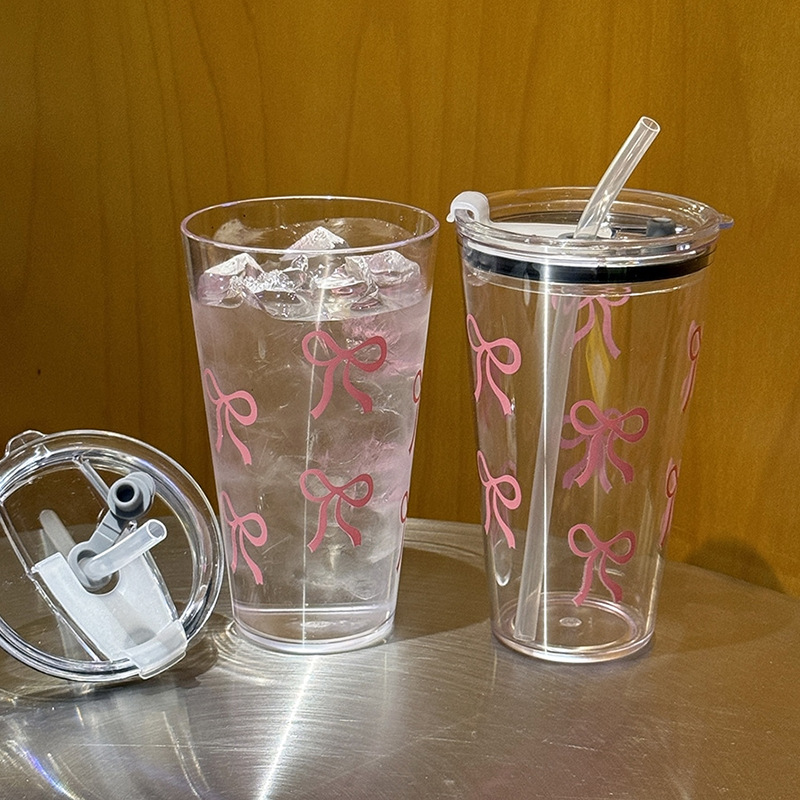 Cute Bow Tumbler Cup With Straw Lid Clear Iced Coffee Water Bottle 0