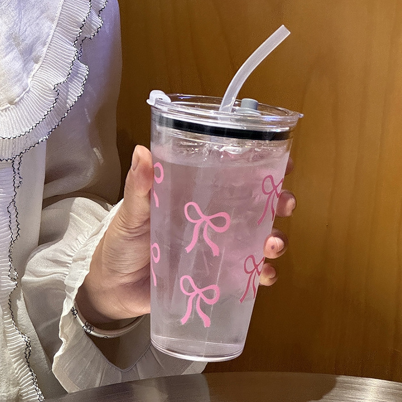Cute Bow Tumbler Cup With Straw Lid Clear Iced Coffee Water Bottle 1