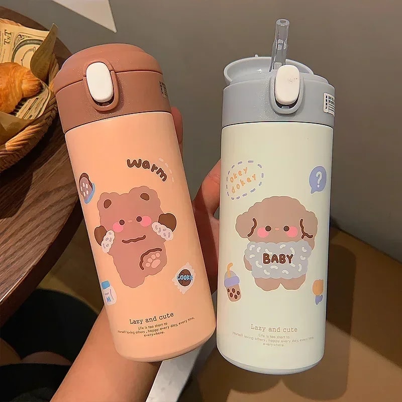 Cute Cartoon Stainless Steel Water Bottle Insulated Straw Tumbler for Girls