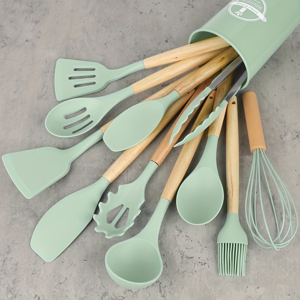 Multicolor Silicone Cooking Utensils Set with Wooden Handles for Nonstick Cookware