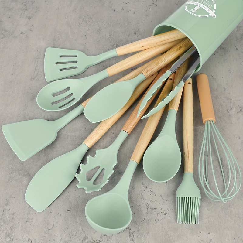 Multicolor Silicone Cooking Utensils Set with Wooden Handles for Nonstick Cookware