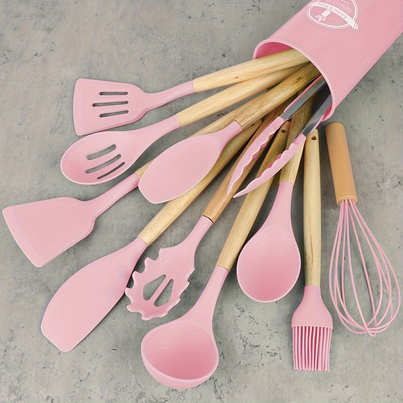 Multicolor Silicone Cooking Utensils Set with Wooden Handles for Nonstick Cookware