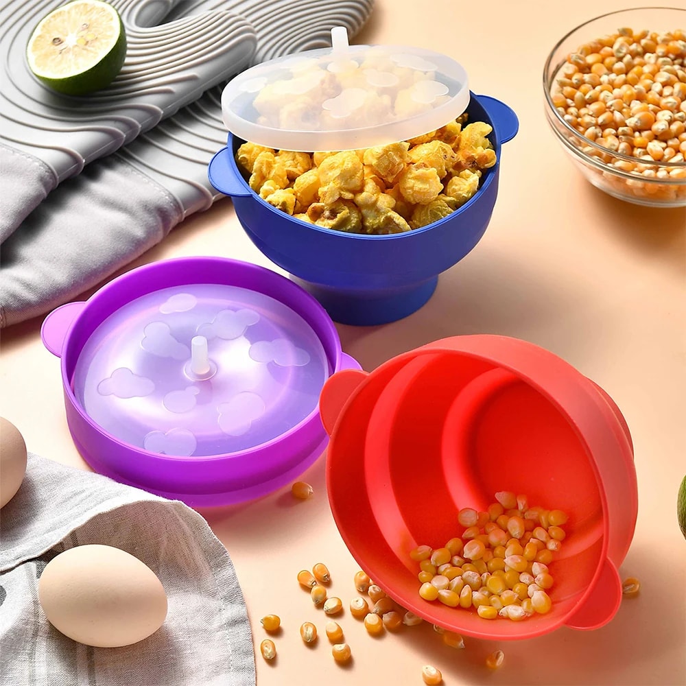 Microwave Popcorn Bowl Silicone DIY Popcorn Maker With Lid Fruit Dish Chips Bucket High Quality Kit 3