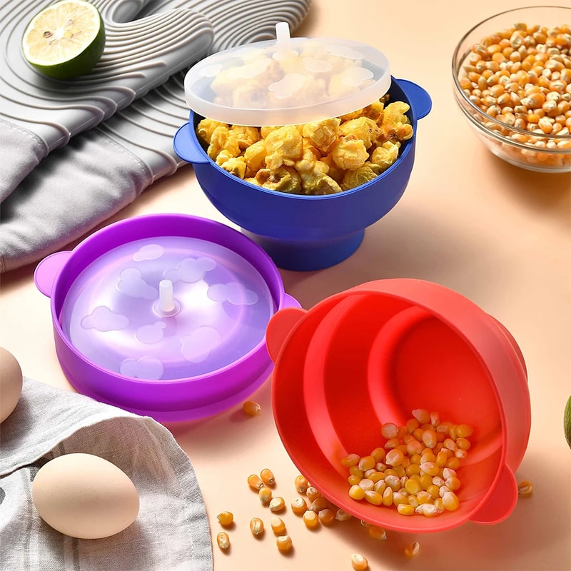 Microwave Popcorn Bowl Silicone DIY Popcorn Maker With Lid Fruit Dish Chips Bucket High Quality Kit 3