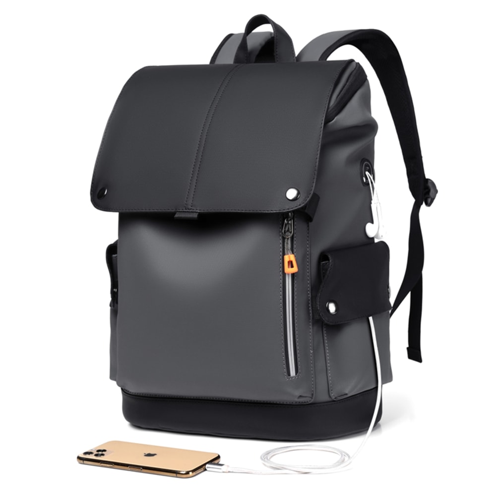 Waterproof PU Leather Mens Laptop Backpack With USB Charging 1
