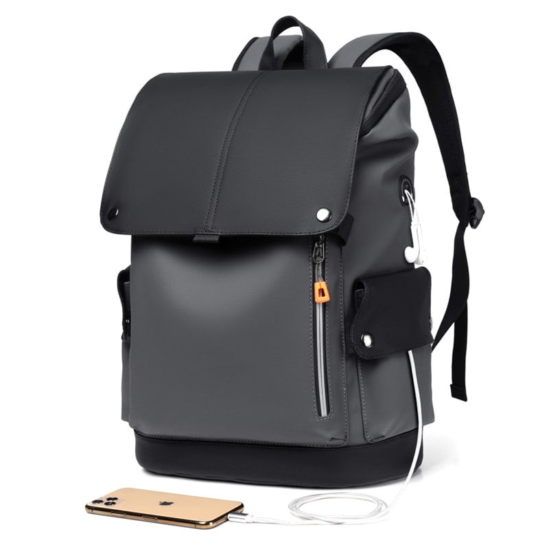 Waterproof PU Leather Mens Laptop Backpack With USB Charging 1