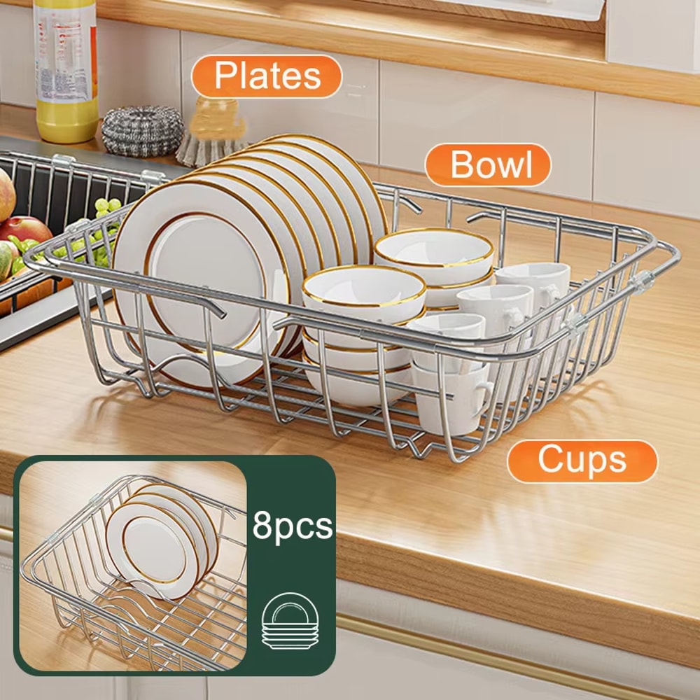 Expandable Over The Sink Dish Rack And Stainless Steel Drain Basket For Fruits Vegetables And Dishe 3