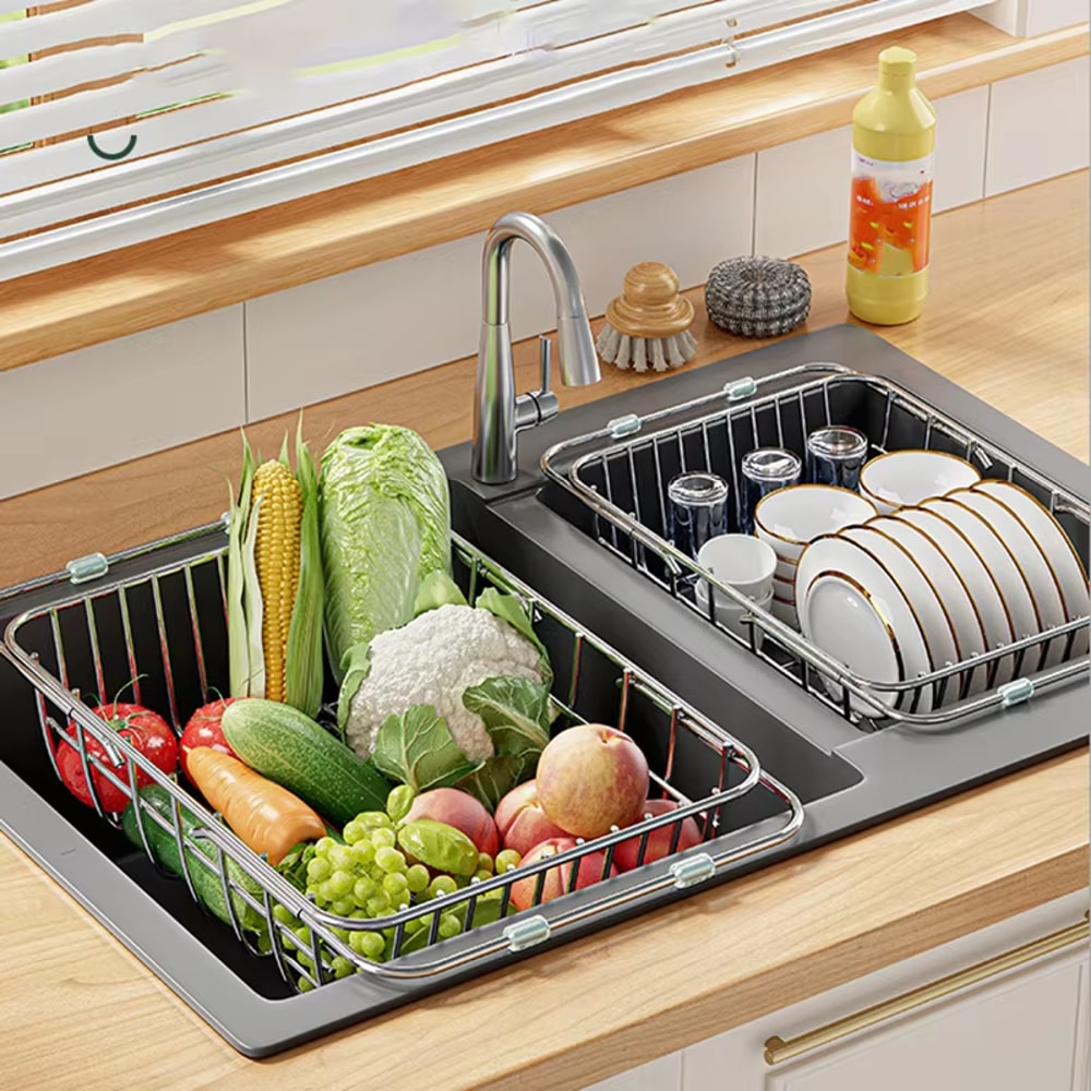 Expandable Over The Sink Dish Rack And Stainless Steel Drain Basket For Fruits Vegetables And Dishe 4