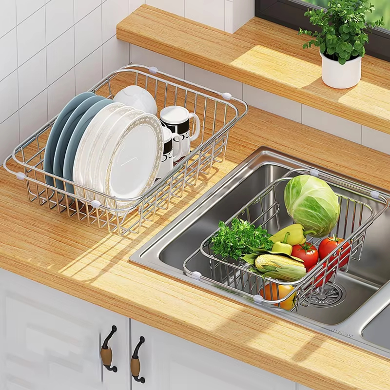Expandable Over The Sink Dish Rack And Stainless Steel Drain Basket For Fruits Vegetables And Dishe 5