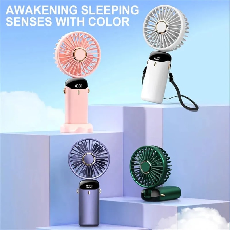 Portable Handheld Fan with Phone Holder USB Rechargeable Foldable Neck Fan with Display