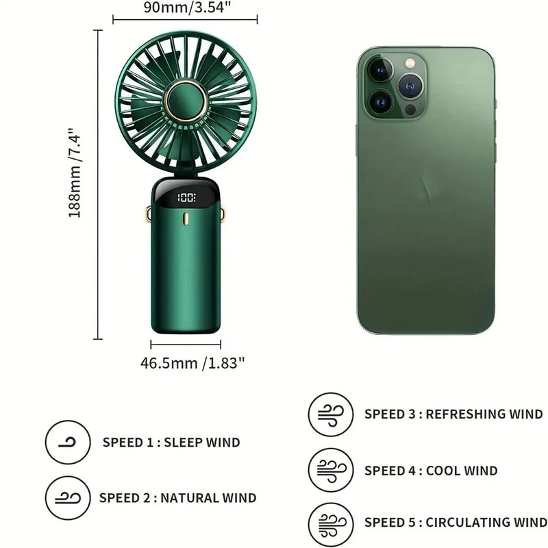 Portable Handheld Fan with Phone Holder USB Rechargeable Foldable Neck Fan with Display