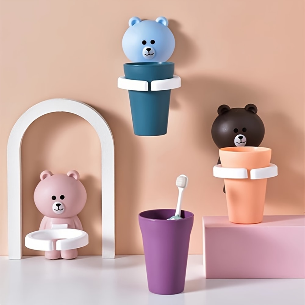 Cute Self Adhesive Toothbrush Holder Wall Mounted Bathroom Organizer Cup 1