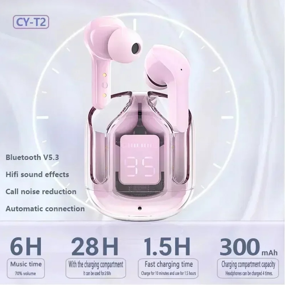 Transparent ENC Wireless Earbuds with LED Display and Stereo Sound