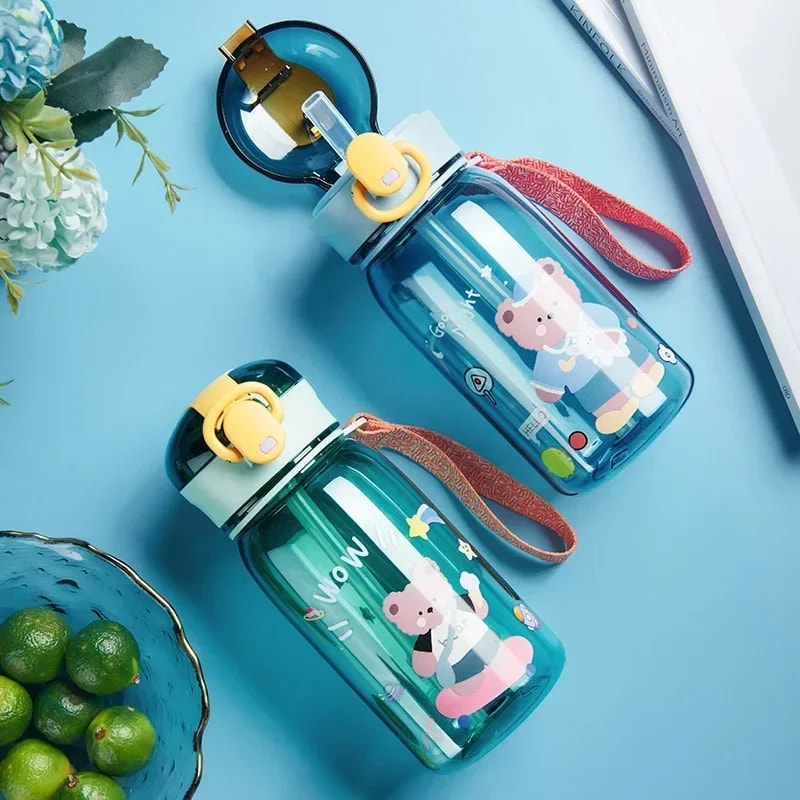 Portable Bear Water Bottle for Kids Leakproof BPA Free Cartoon Sippy Cup with Straw