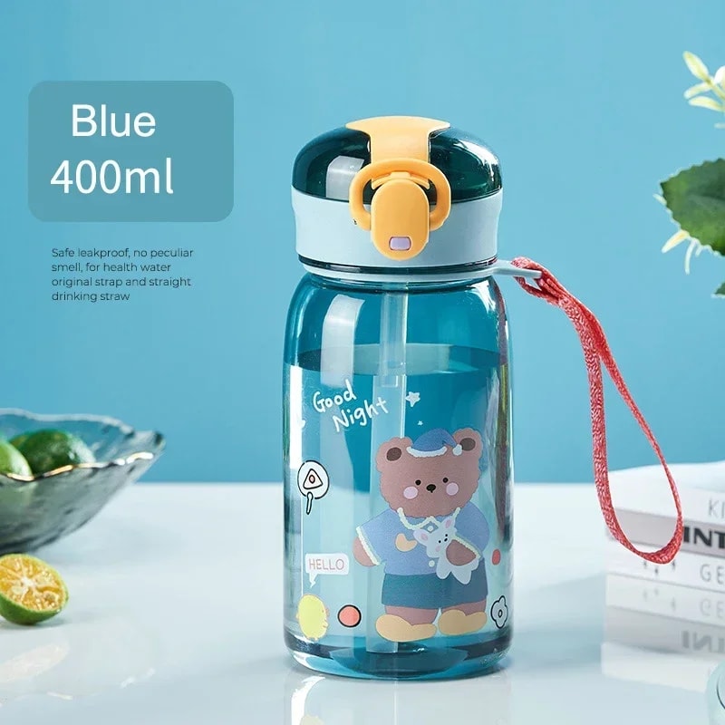 Portable Bear Water Bottle for Kids Leakproof BPA Free Cartoon Sippy Cup with Straw