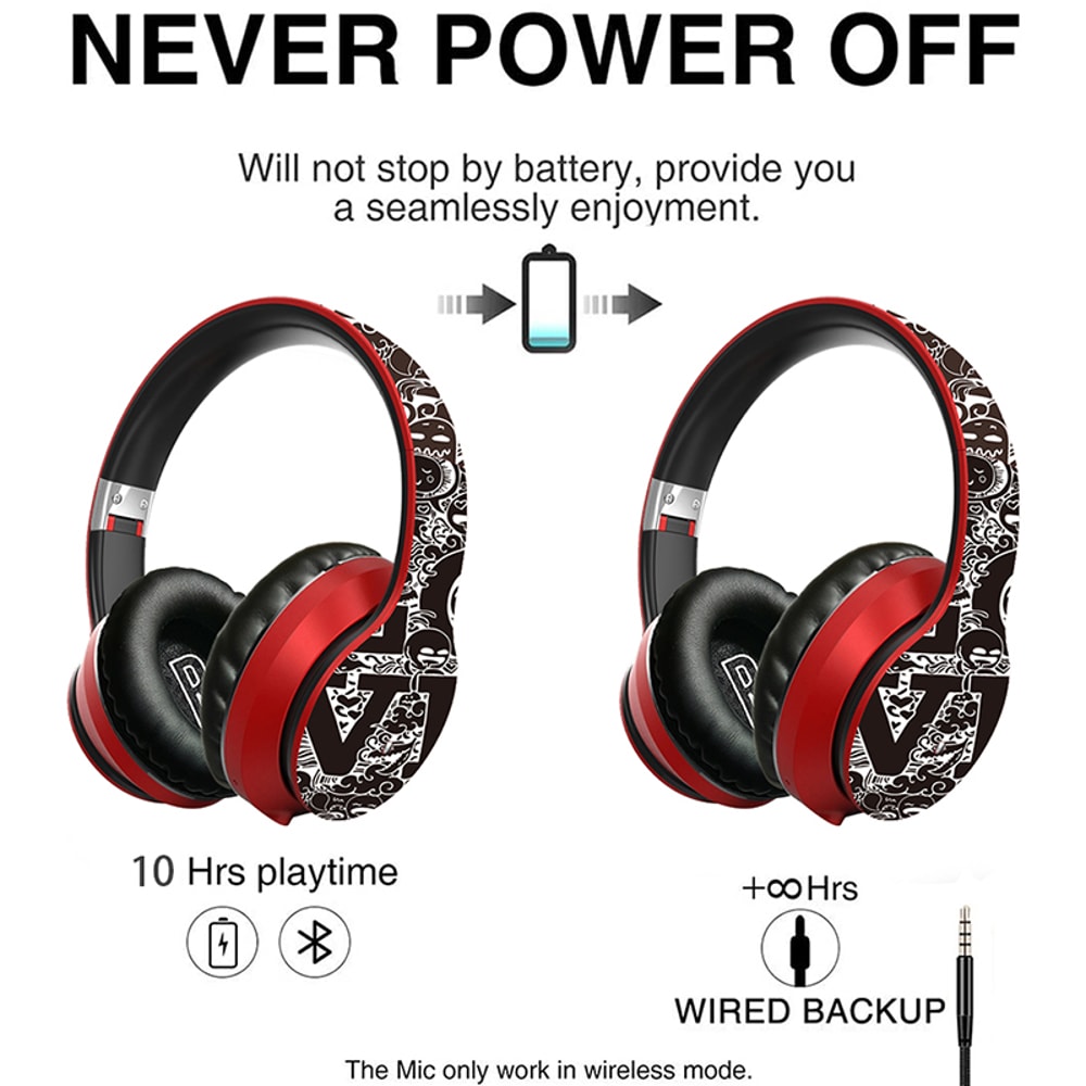 Graffiti Design Wireless Bluetooth Over Ear Headphones Hi Fi Stereo with Mic Foldable for Phones PCs and Laptops