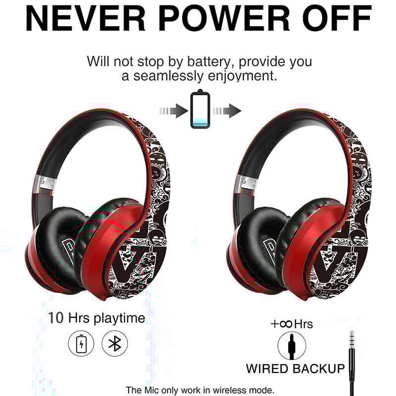 Graffiti Design Wireless Bluetooth Over Ear Headphones Hi Fi Stereo with Mic Foldable for Phones PCs and Laptops