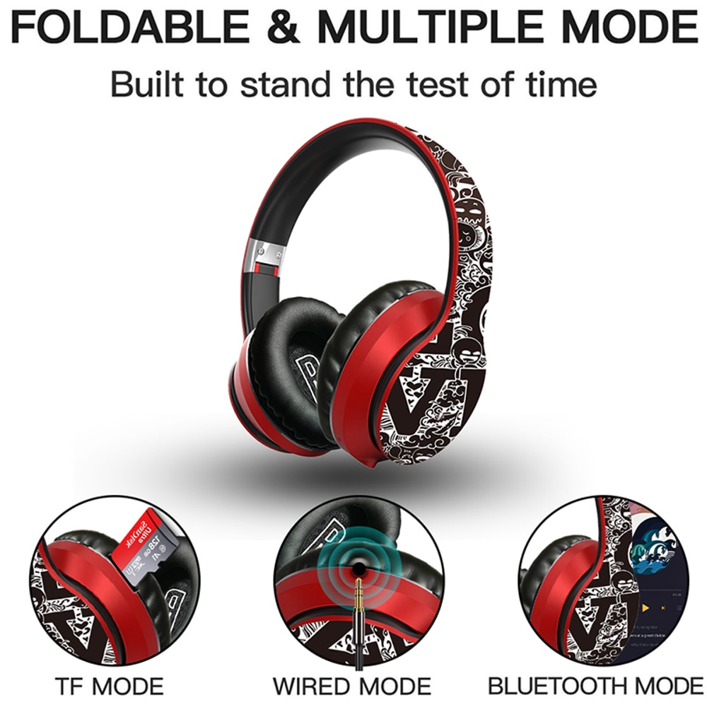 Graffiti Design Wireless Bluetooth Over Ear Headphones Hi Fi Stereo with Mic Foldable for Phones PCs and Laptops