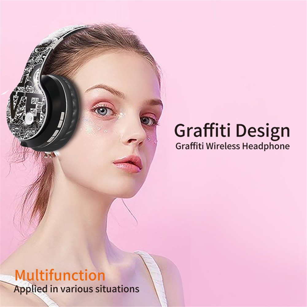 Graffiti Design Wireless Bluetooth Over Ear Headphones Hi Fi Stereo with Mic Foldable for Phones PCs and Laptops