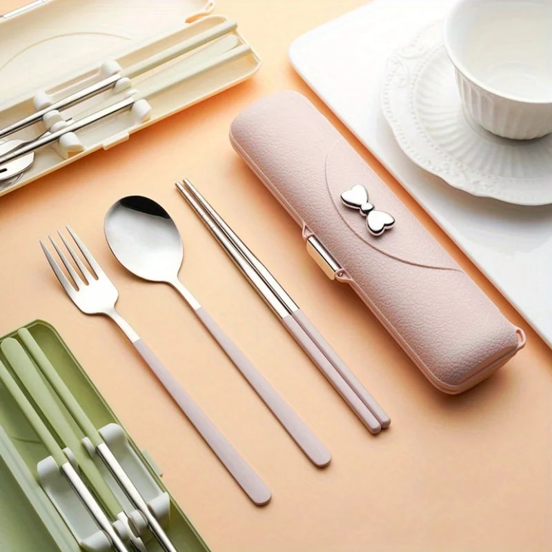 Portable Stainless Steel Cutlery Set with Travel Case Fork Spoon Chopsticks Dishwasher Safe Picnic Tableware