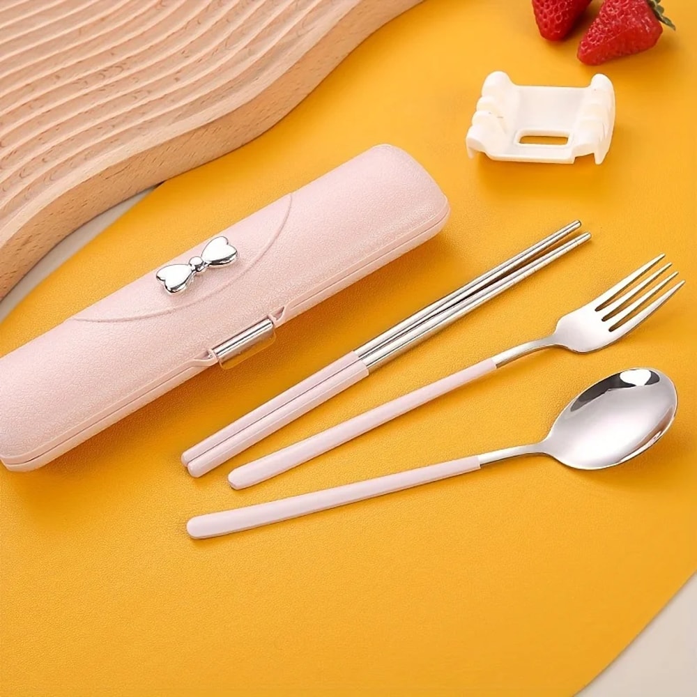 Portable Stainless Steel Cutlery Set with Travel Case Fork Spoon Chopsticks Dishwasher Safe Picnic Tableware