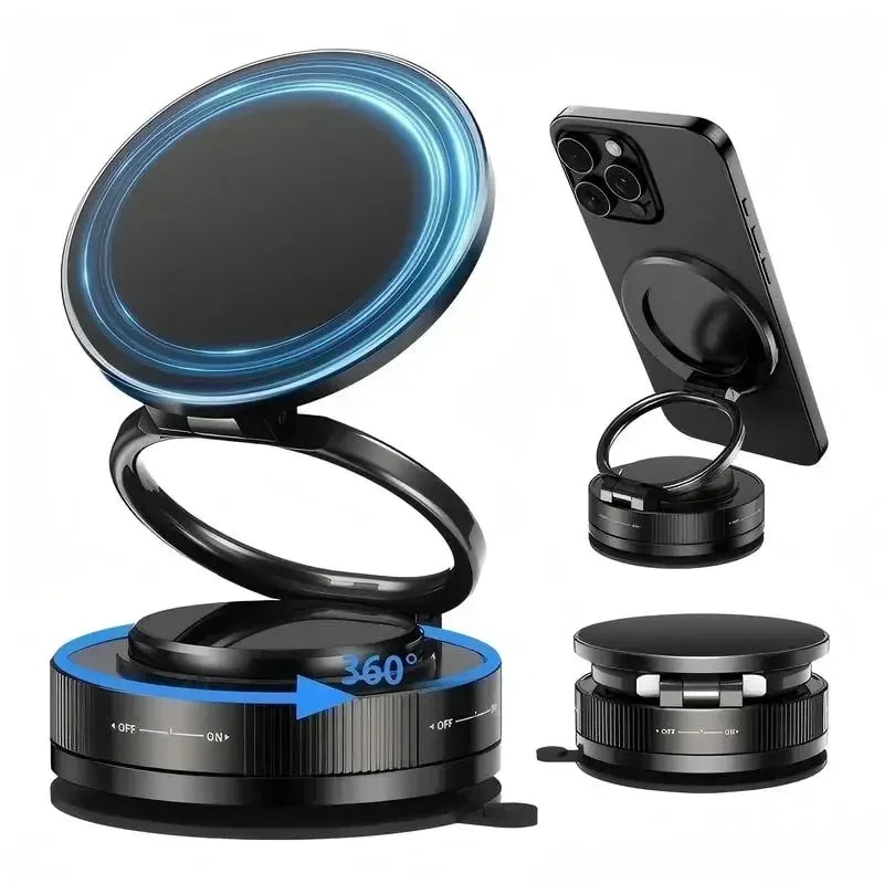 Foldable Magnetic Phone Mount with Vacuum Suction Cup Ultra Strong Adsorption Alloy Bracket for Cars & Desktops