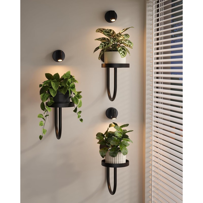 Wall Mounted Indoor Plant Stand with LED Grow Lights Modern Hanging Planter for Living Room Window Decor Black