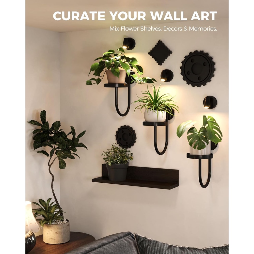 Wall Mounted Indoor Plant Stand with LED Grow Lights Modern Hanging Planter for Living Room Window Decor Black