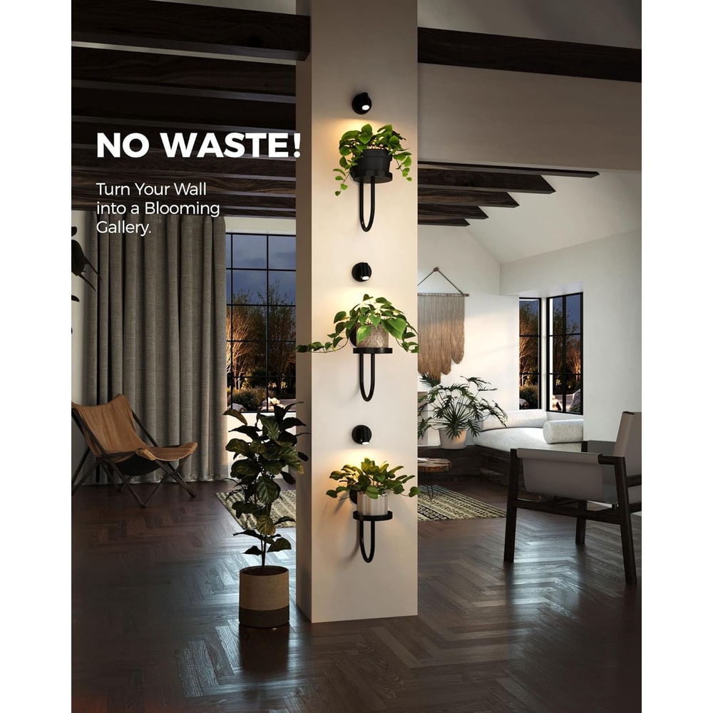 Wall Mounted Indoor Plant Stand with LED Grow Lights Modern Hanging Planter for Living Room Window Decor Black