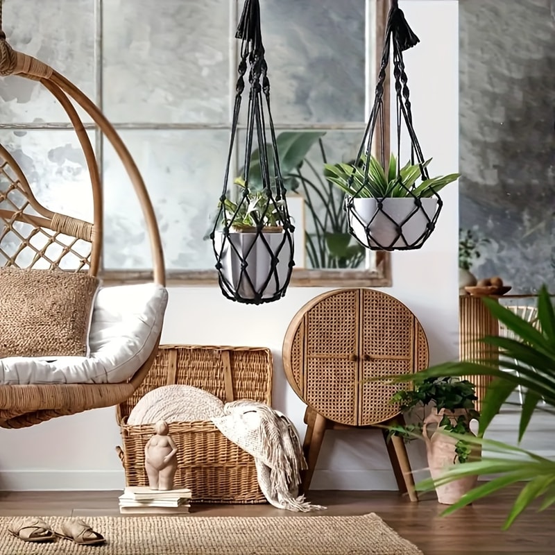 Bohemian Macrame Plant Hanger Black White Hanging Holder For Indoor And Outdoor Garden Decor 0