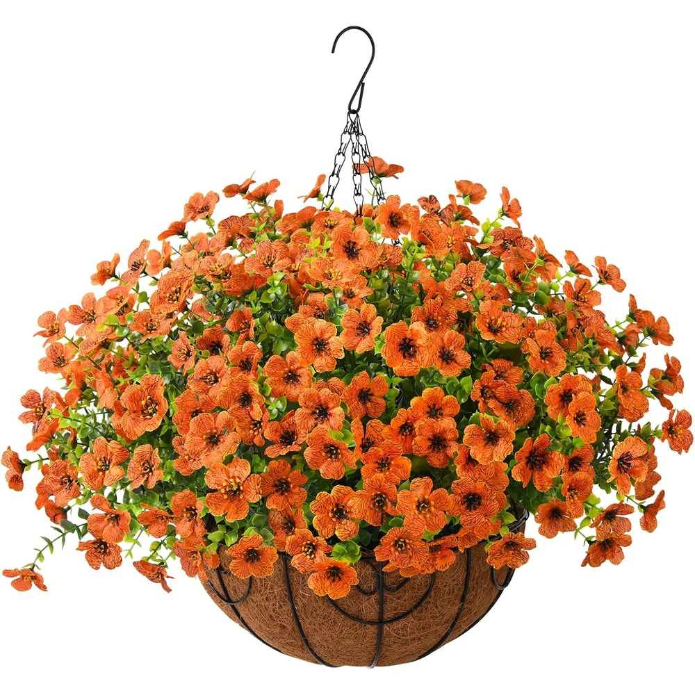 Realistic UV Resistant Faux Hanging Basket with Orange Silk Daisy for Fall Outdoor Porch & Patio Decoration