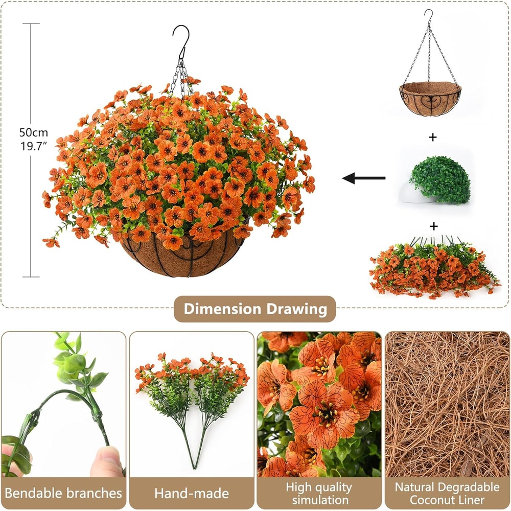 Realistic UV Resistant Faux Hanging Basket with Orange Silk Daisy for Fall Outdoor Porch & Patio Decoration
