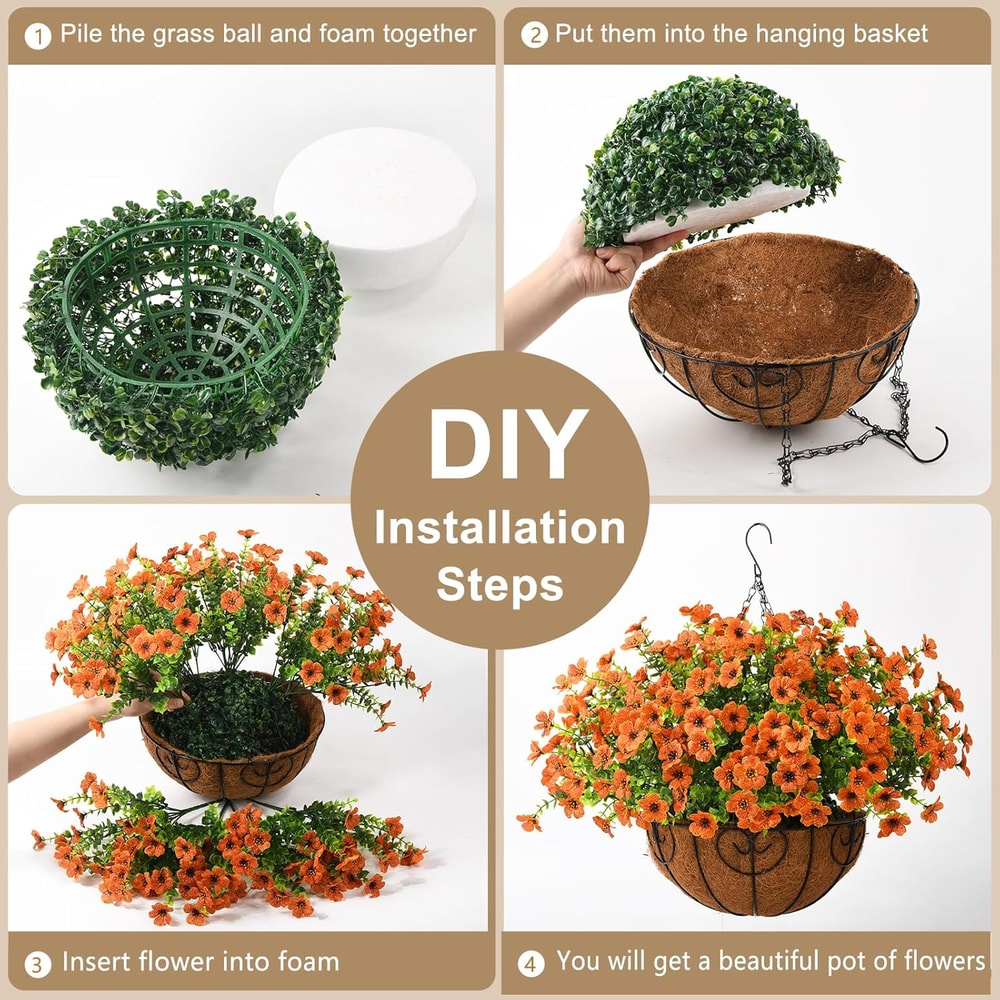 Realistic UV Resistant Faux Hanging Basket with Orange Silk Daisy for Fall Outdoor Porch & Patio Decoration