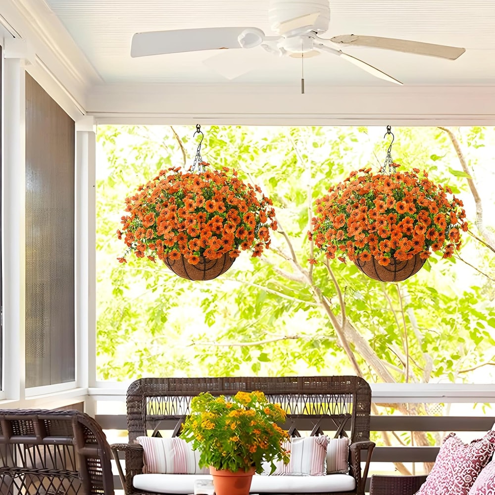Realistic UV Resistant Faux Hanging Basket with Orange Silk Daisy for Fall Outdoor Porch & Patio Decoration