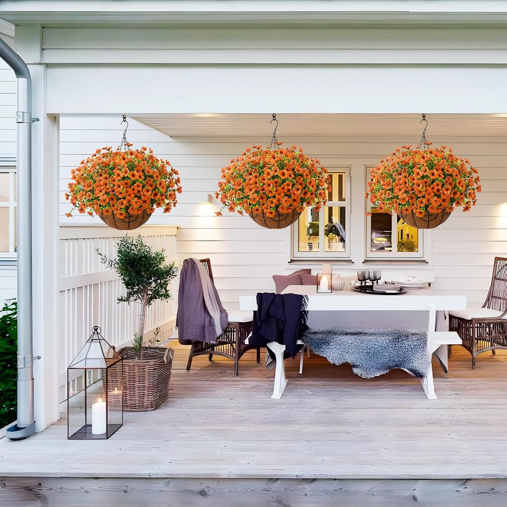 Realistic UV Resistant Faux Hanging Basket with Orange Silk Daisy for Fall Outdoor Porch & Patio Decoration