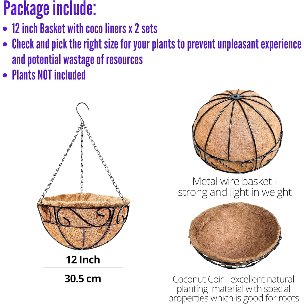 Hanging Planter with Coco Liner Black Metal Basket for Outdoor Plants & Balcony Decor