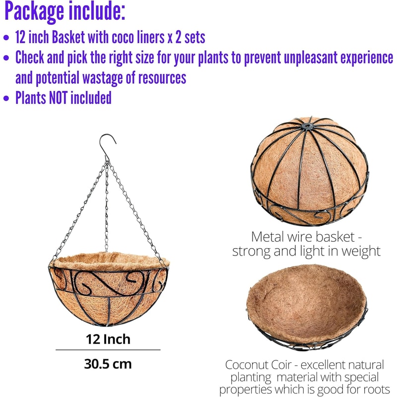 Hanging Planter with Coco Liner Black Metal Basket for Outdoor Plants & Balcony Decor