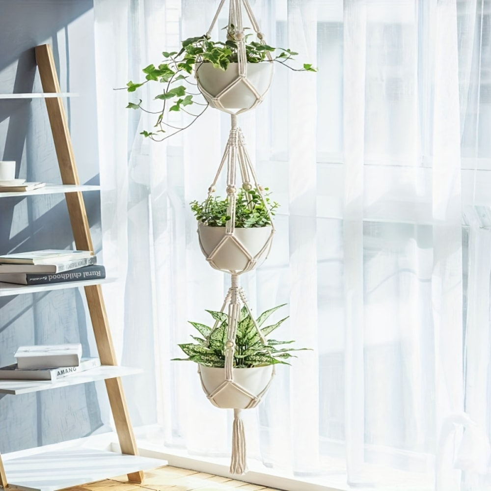 Macrame Double Hanging Planter Basket Stylish Indoor Outdoor Cotton Rope Planter For Home Decor 0