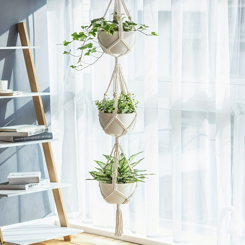 Macrame Double Hanging Planter Basket Stylish Indoor Outdoor Cotton Rope Planter For Home Decor 0
