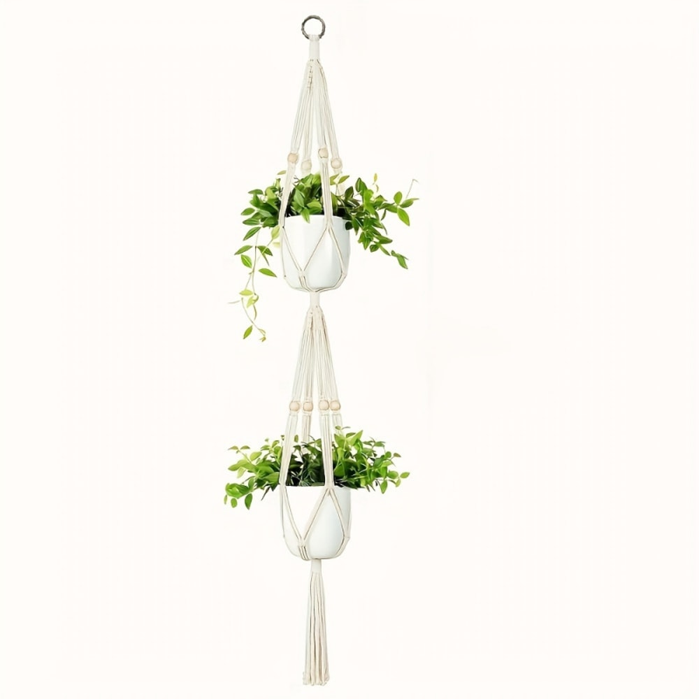 Macrame Double Hanging Planter Basket Stylish Indoor Outdoor Cotton Rope Planter For Home Decor 1
