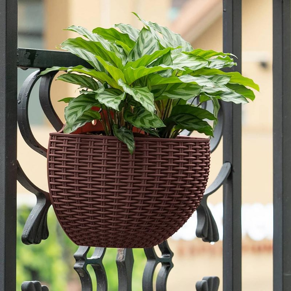 Wall Mounted Imitation Rattan Flower Basket Semi Circular Hanging Planter For Garden Decor 3