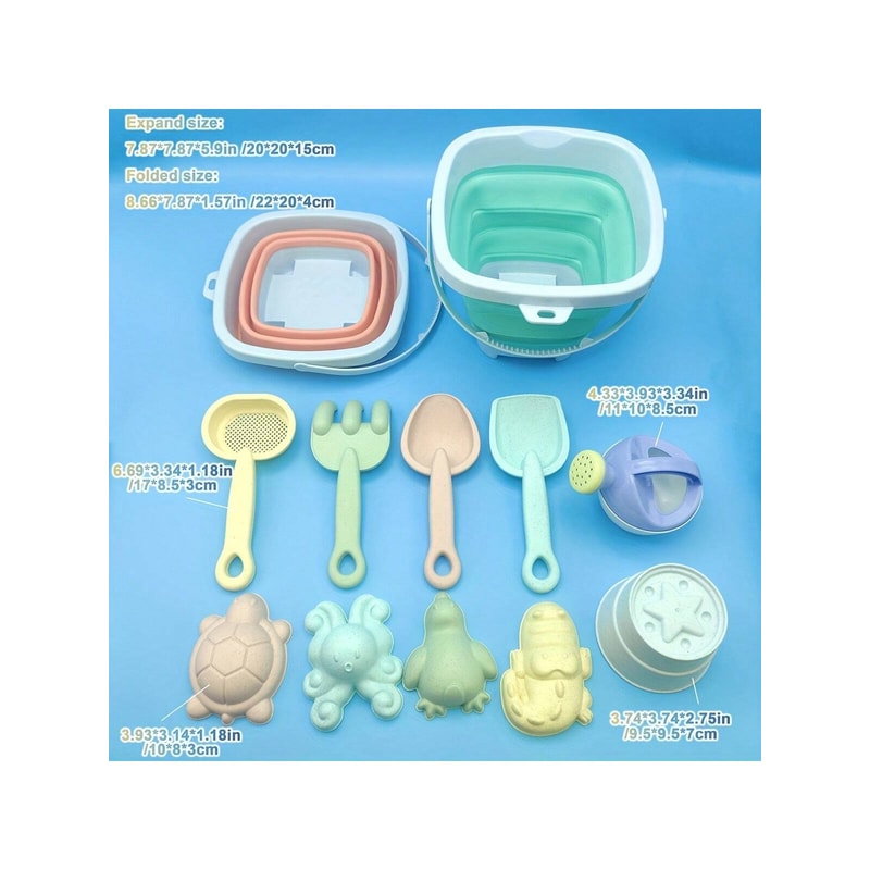 Kids Foldable Beach Bucket Set Soft Silicone With Shovels Rakes Molds Portable And Ideal For Beach 4