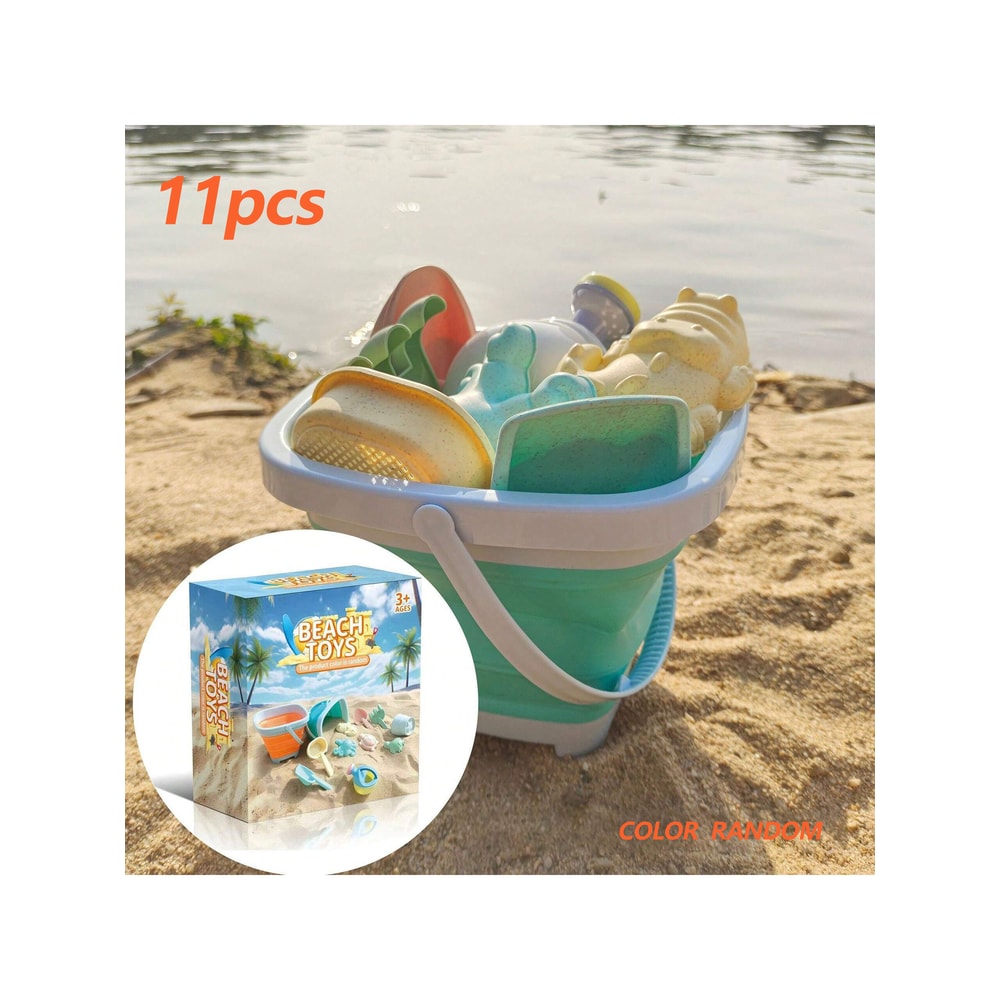 Kids Foldable Beach Bucket Set Soft Silicone With Shovels Rakes Molds Portable And Ideal For Beach 8