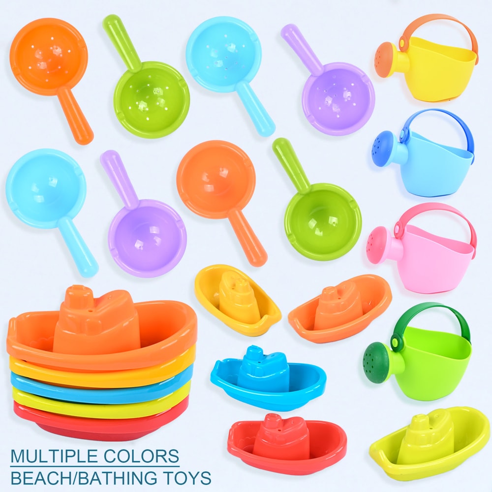 Floating Boat Bath Toy for Kids Colorful Stacked Boat Playset with Spoon and Water Bottle