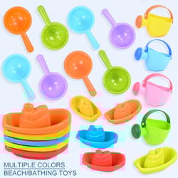 floating boat bath toy for kids colorful stacked boat playset with spoon and water bottle