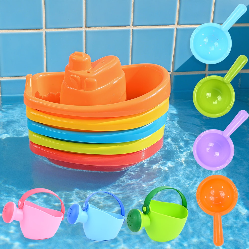 Floating Boat Bath Toy for Kids Colorful Stacked Boat Playset with Spoon and Water Bottle