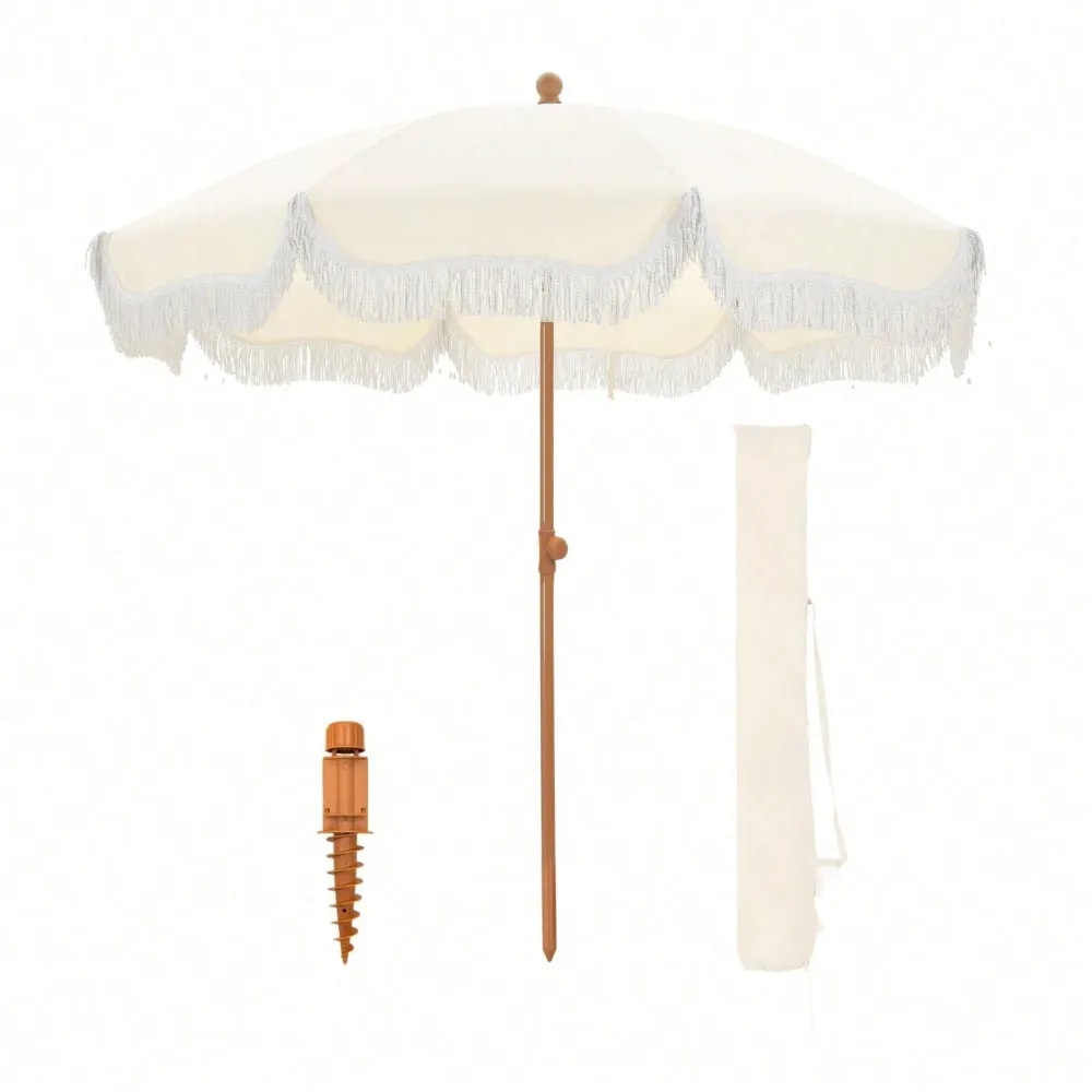 Fringe Beach Umbrella With Sand Anchor Windproof Portable Patio Umbrella 0