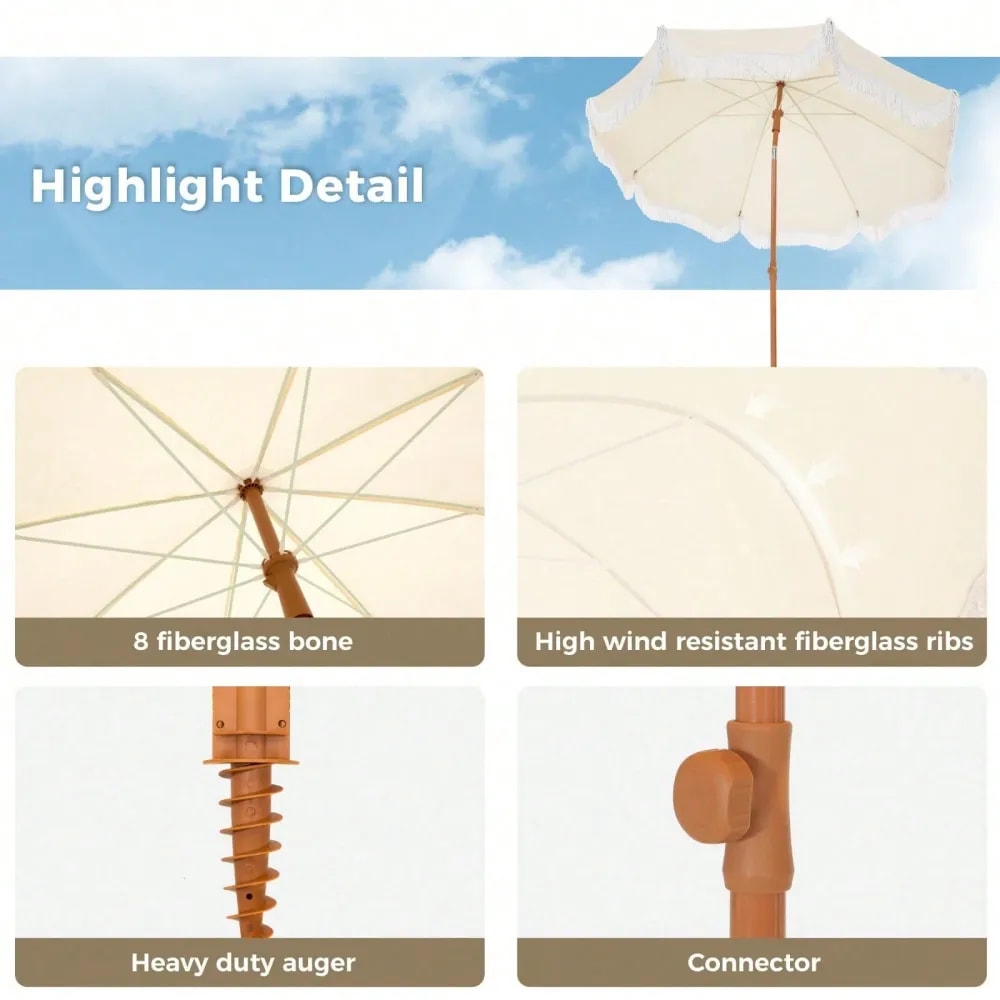Fringe Beach Umbrella With Sand Anchor Windproof Portable Patio Umbrella 4