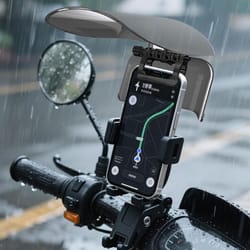 universal motorcycle phone mount with sun visor rain shield for bikes and scooters